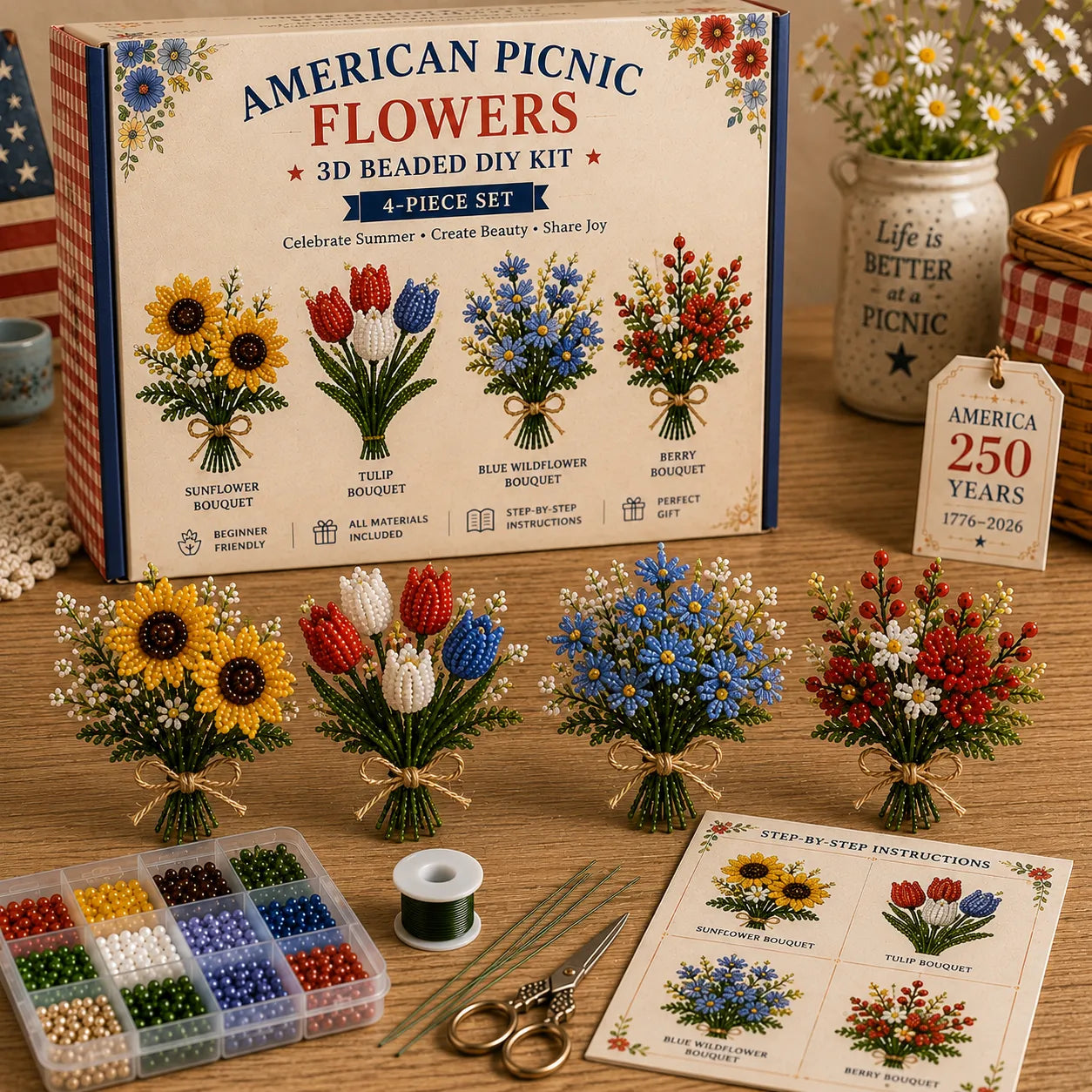 🔥LAST DAY 49% OFF-America 250 Beaded Bouquet DIY Kit – Limited Edition Patriotic Craft Collection