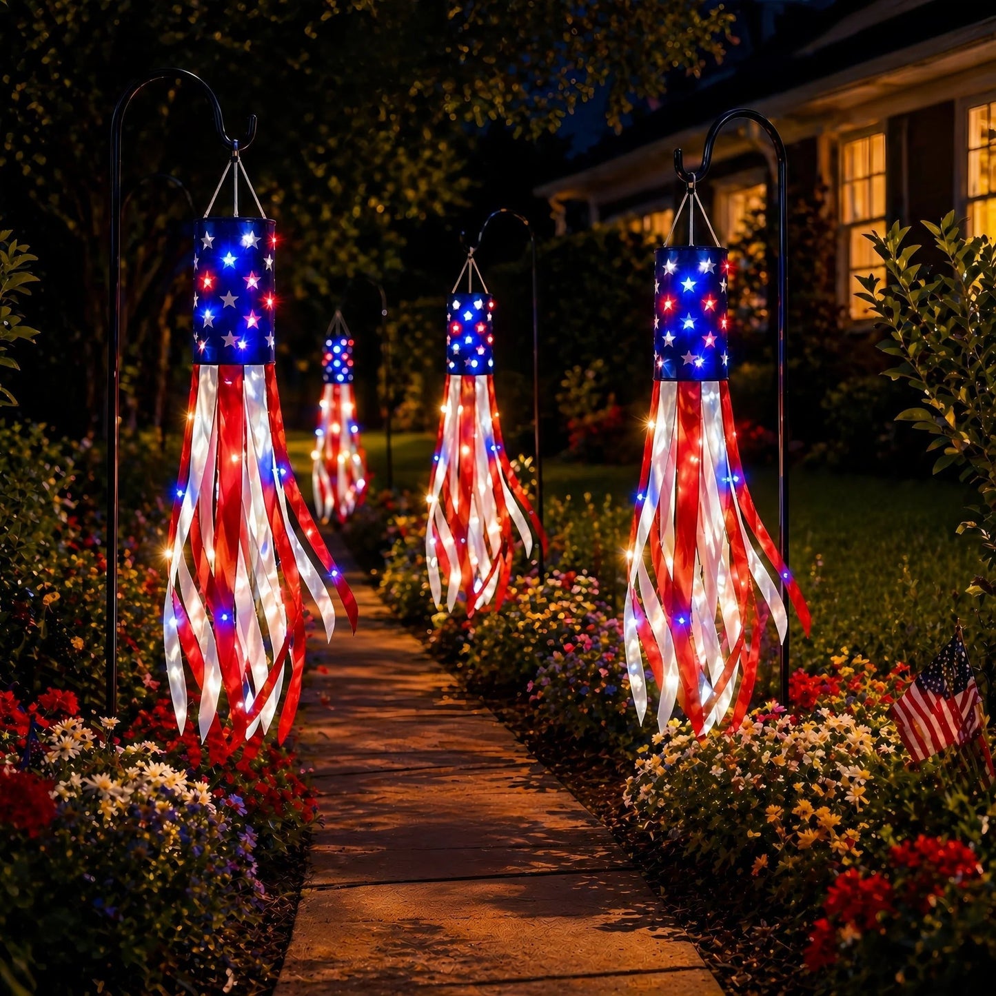 💈💈3 Pack Large American Flag Windsocks with Red White Blue Lights