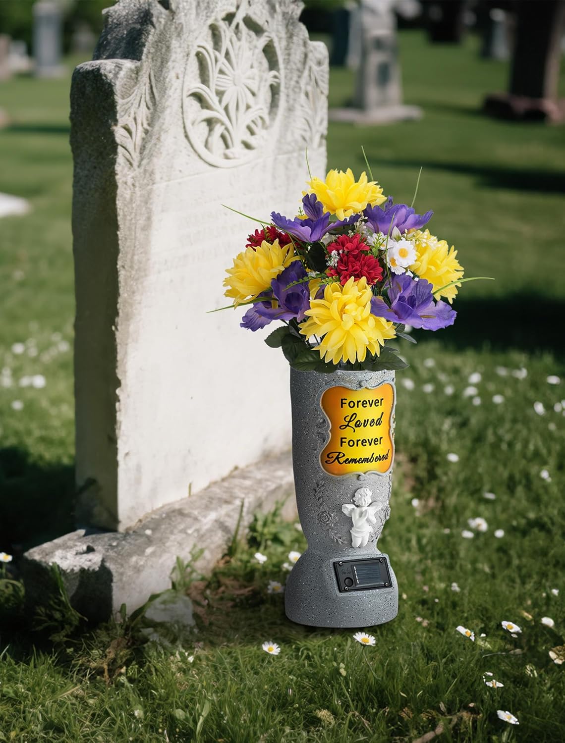 😇 Solar Angel Cemetery Vase – LED Memorial Light with Ground Spike – Waterproof Gravesite Decor for Eternal Love ✨