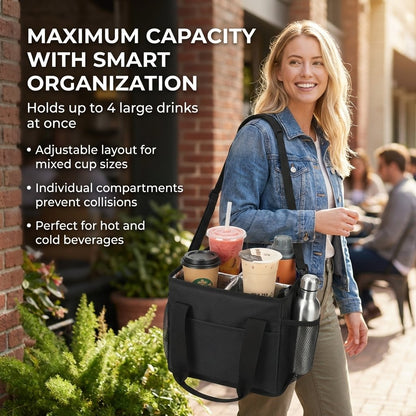 ☕Reusable Drink Carrier with Handle – Tip-Resistant 4 Cup Carrier with Shoulder Strap