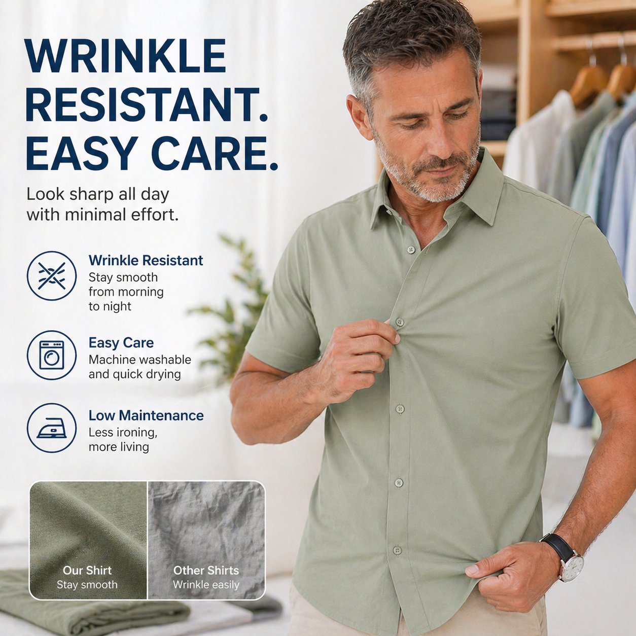 Men's Stretch Dress Shirts Short Sleeve Slim Fit Business Casual Button Down Shirts
