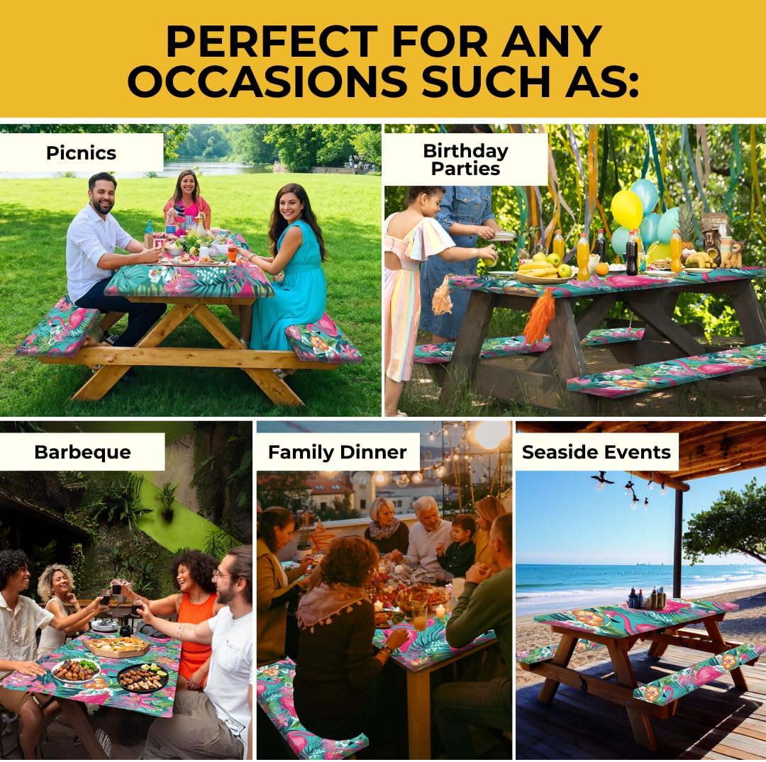 🧺 Stretch Picnic Tablecloth Set | Includes Bench Covers + Storage Bag 👜