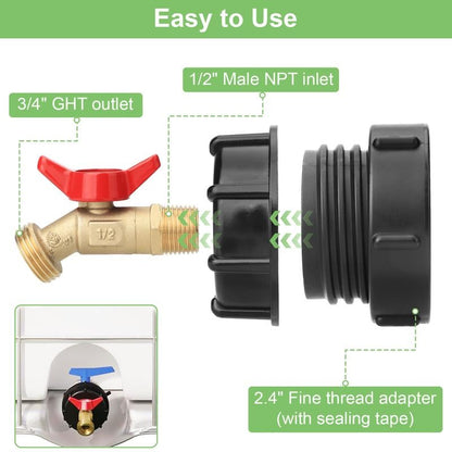 🔥LAST DAY 49% OFF - 🛠️💧275-330 Gallon IBC Tote Tank Adapter - 2.44" Fine Thread, 1/2" NPT × 3/4" GHT Male Fittings with Garden Hose Quick Connector