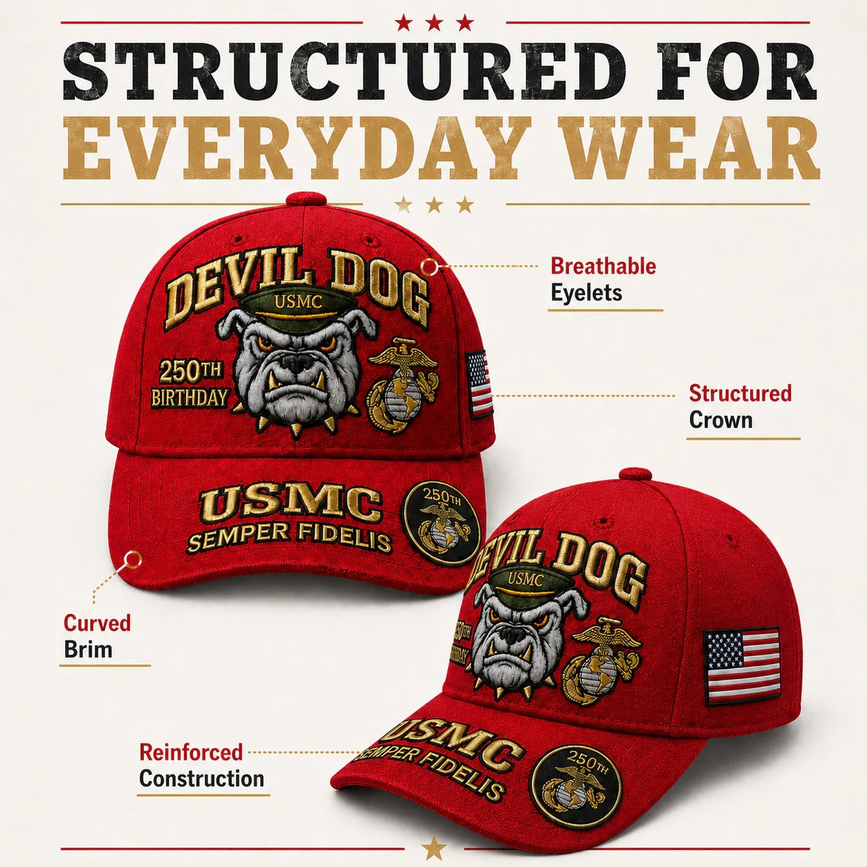 Handmade Embroidered Devil Dog USMC 250th Birthday Commemorative Cap 🇺🇸(🔥Buy 2 FREE SHIPPING)