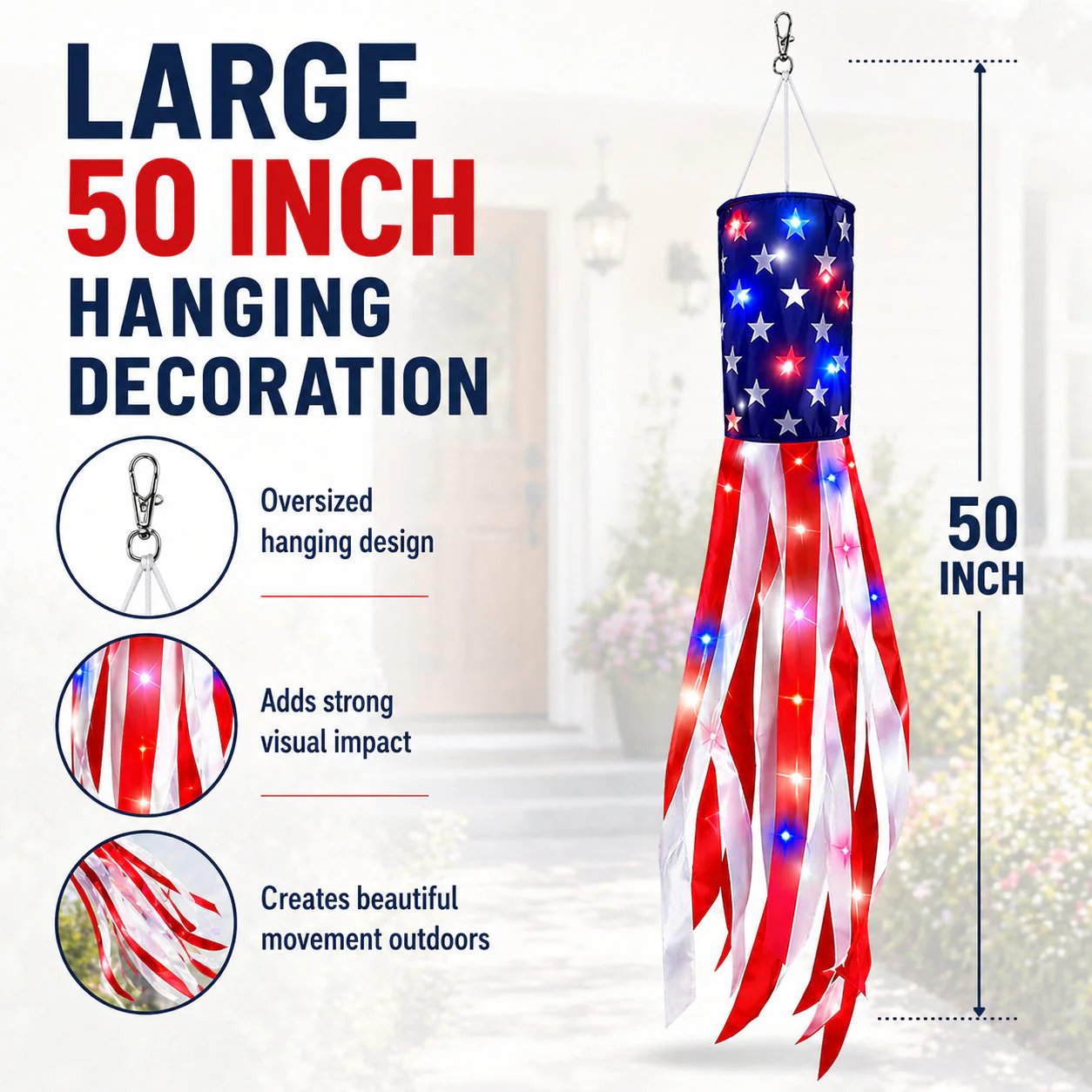 💈💈3 Pack Large American Flag Windsocks with Red White Blue Lights