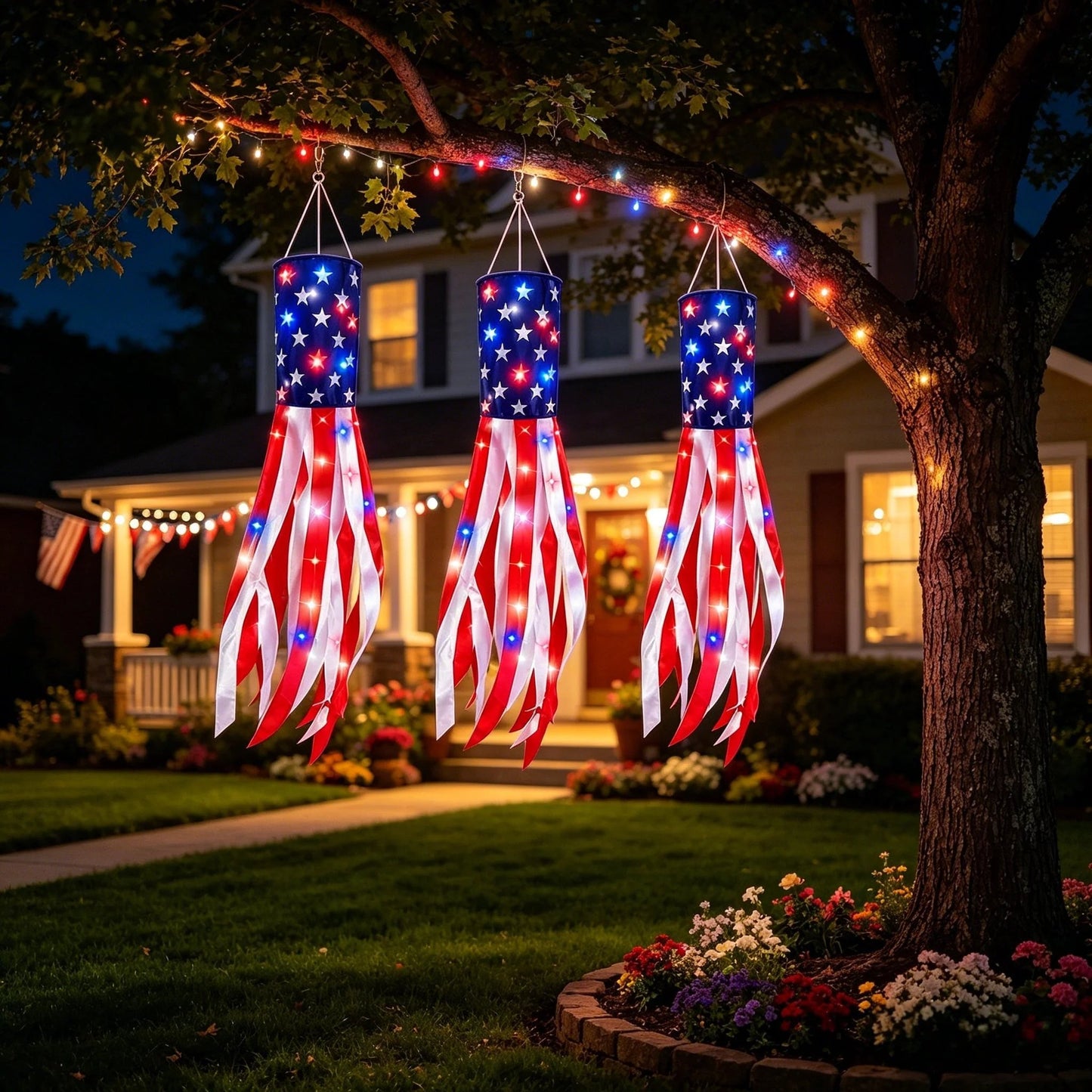 💈💈3 Pack Large American Flag Windsocks with Red White Blue Lights
