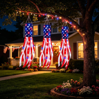 💈💈3 Pack Large American Flag Windsocks with Red White Blue Lights
