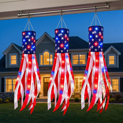 💈💈3 Pack Large American Flag Windsocks with Red White Blue Lights