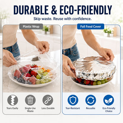 🍽️Universal Stretchable Aluminum Food Covers – Reusable Microwave-Safe Lids