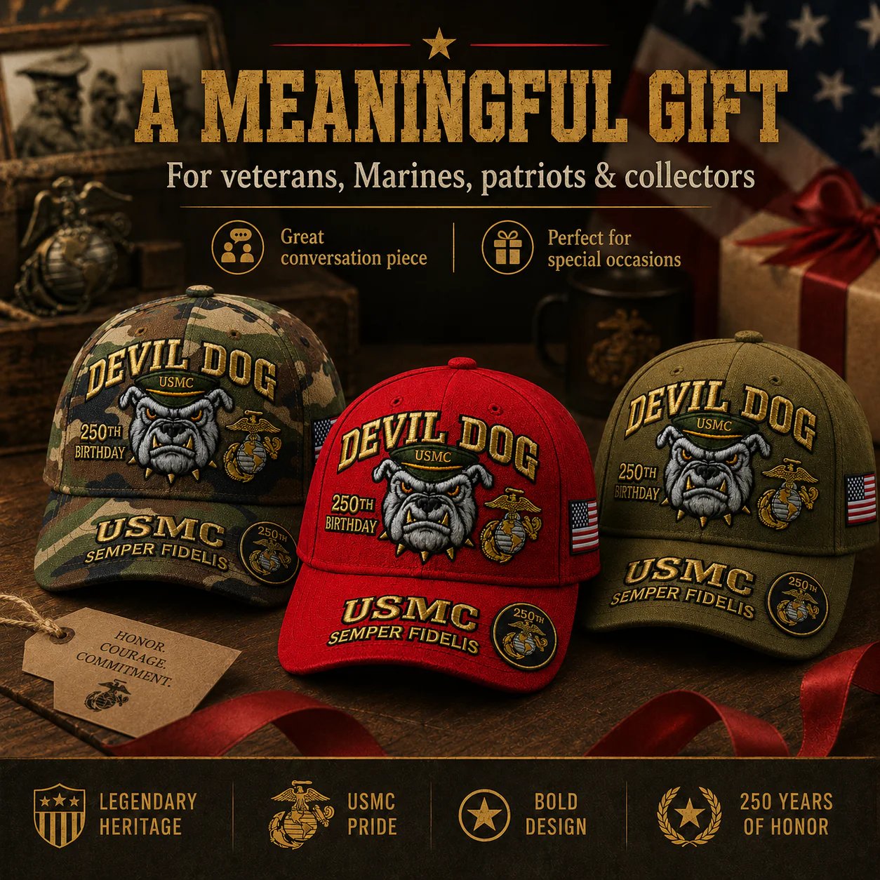 Handmade Embroidered Devil Dog USMC 250th Birthday Commemorative Cap 🇺🇸(🔥Buy 2 FREE SHIPPING)