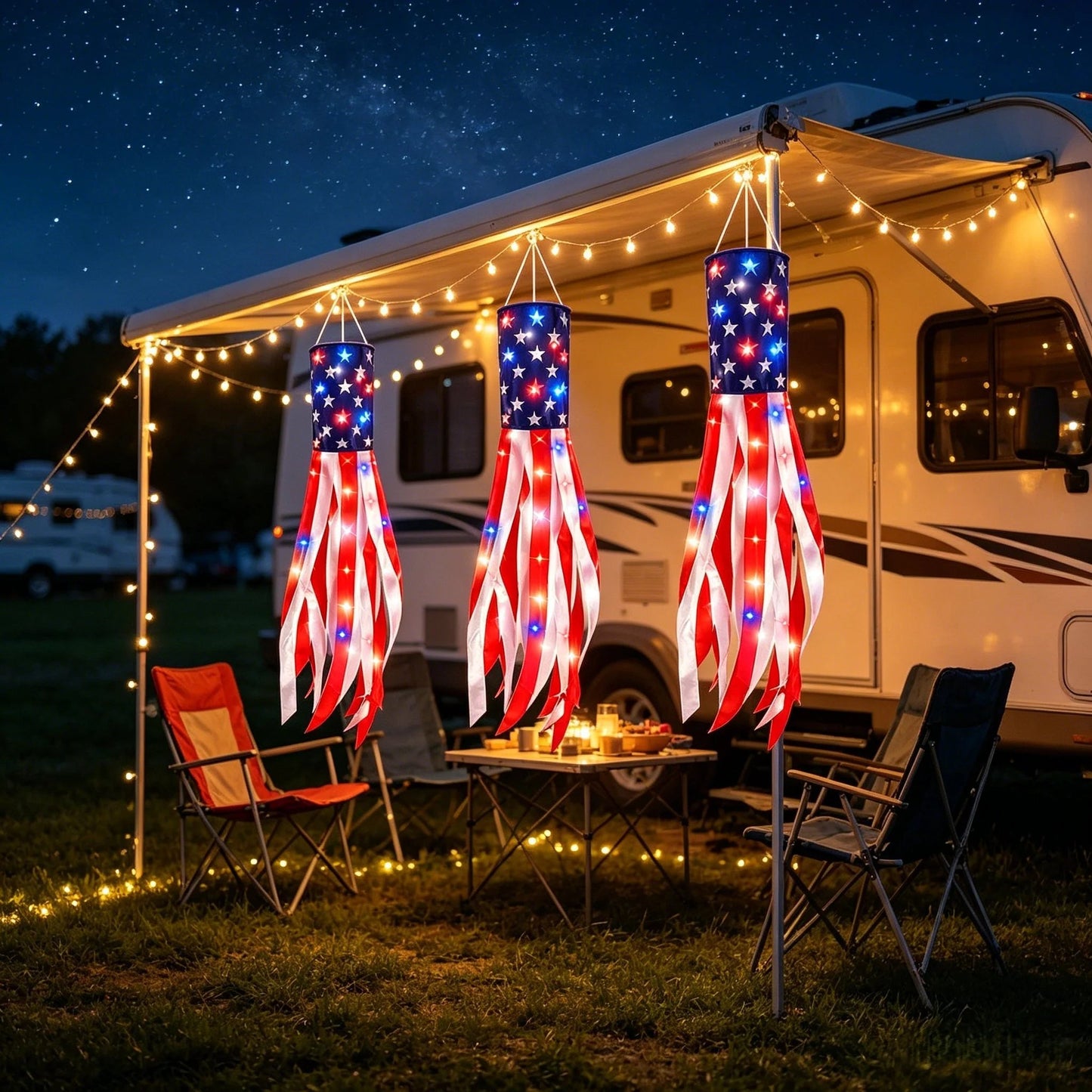 💈💈3 Pack Large American Flag Windsocks with Red White Blue Lights