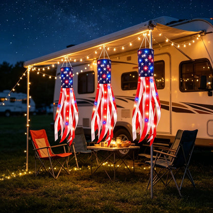 💈💈3 Pack Large American Flag Windsocks with Red White Blue Lights