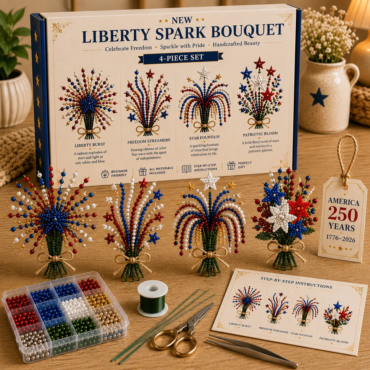 🔥LAST DAY 49% OFF-America 250 Beaded Bouquet DIY Kit – Limited Edition Patriotic Craft Collection