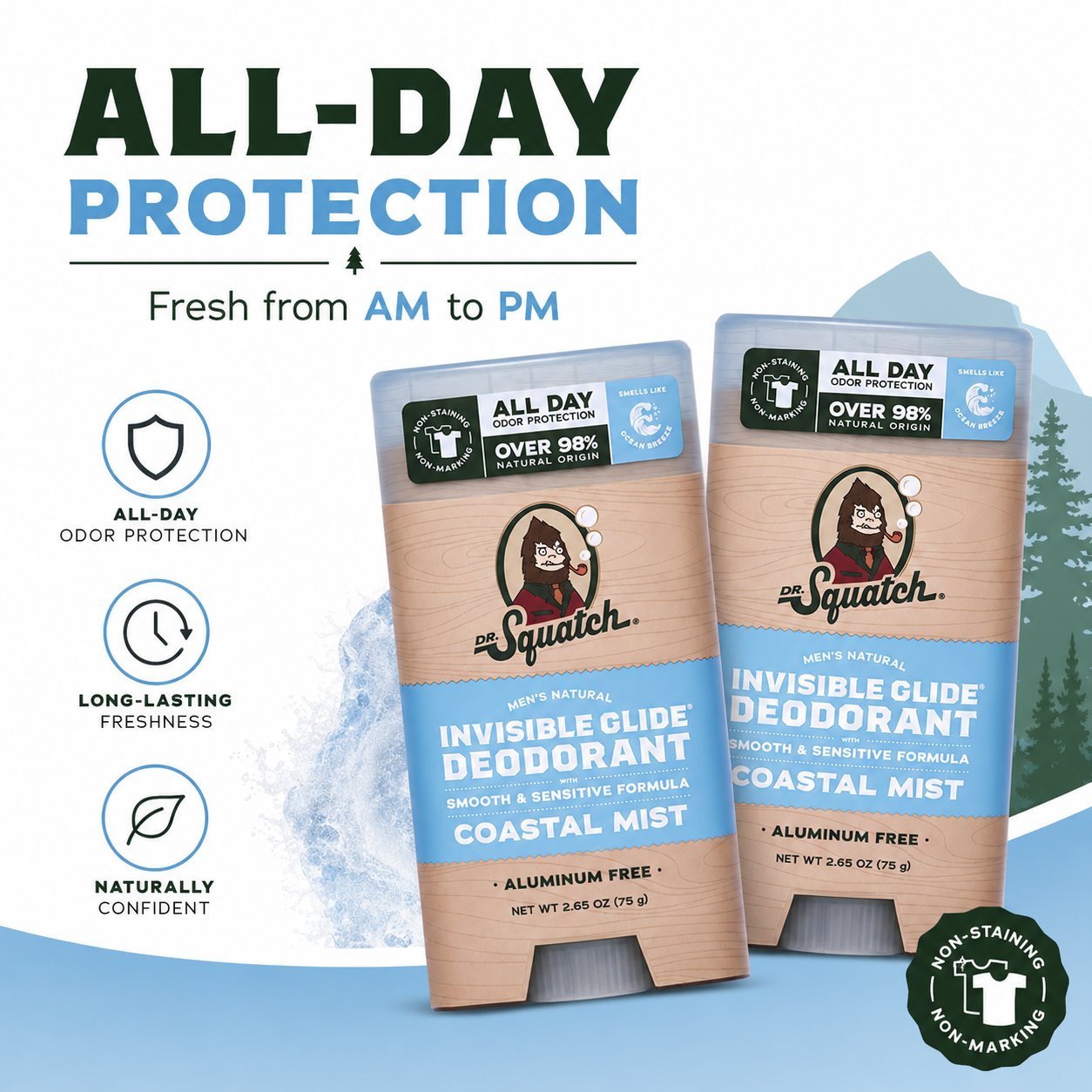 🔥LAST DAY 49% OFF - 🌊 Dr. Squatch Coastal Mist Deodorant 2-Pack | Aluminum-Free, No Stains + Free Hidden Flask! ✨