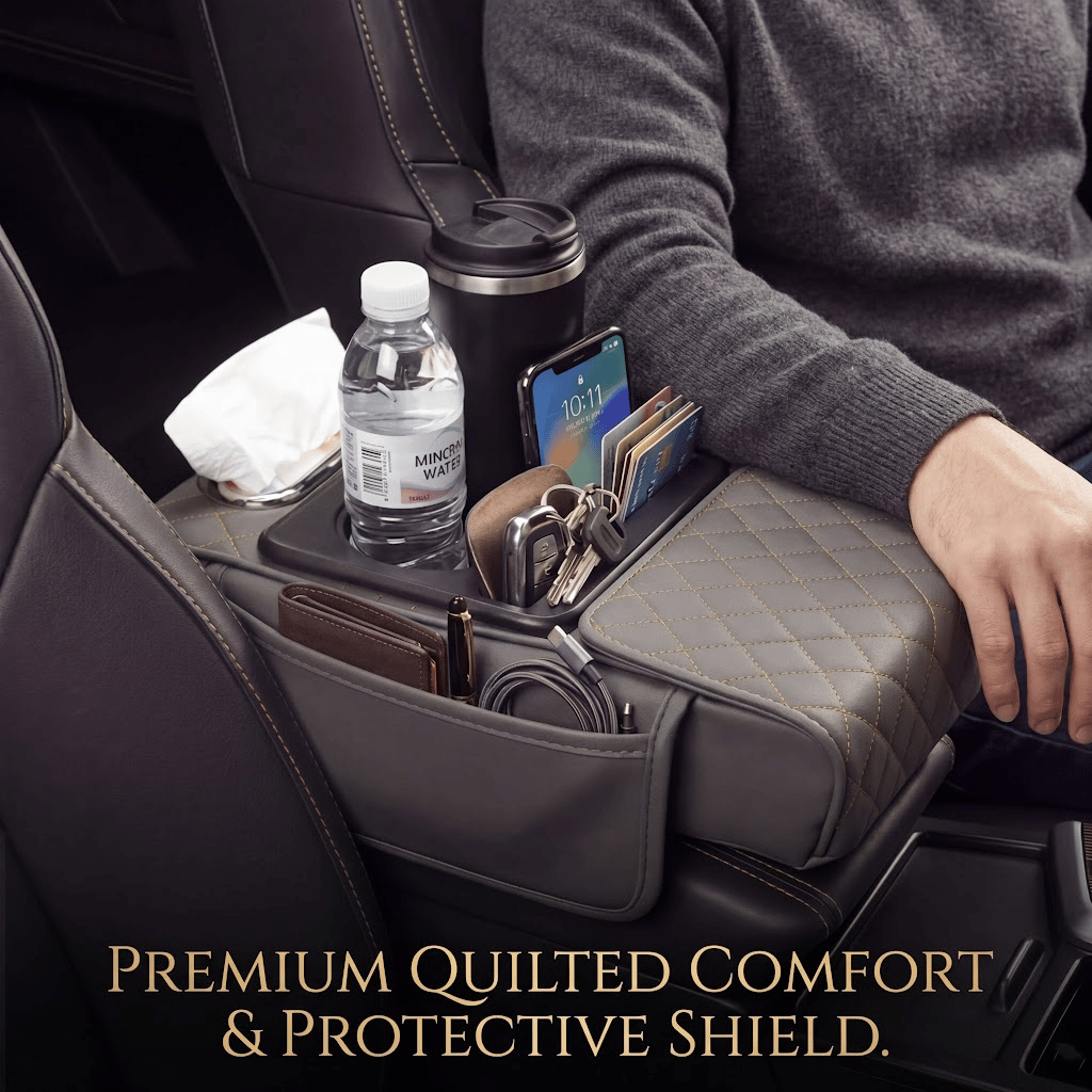 🚗 5-in-1 Luxury Car Center Console Organizer - Universal Fit Armrest Mat & Storage