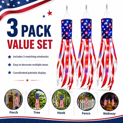 💈💈3 Pack Large American Flag Windsocks with Red White Blue Lights
