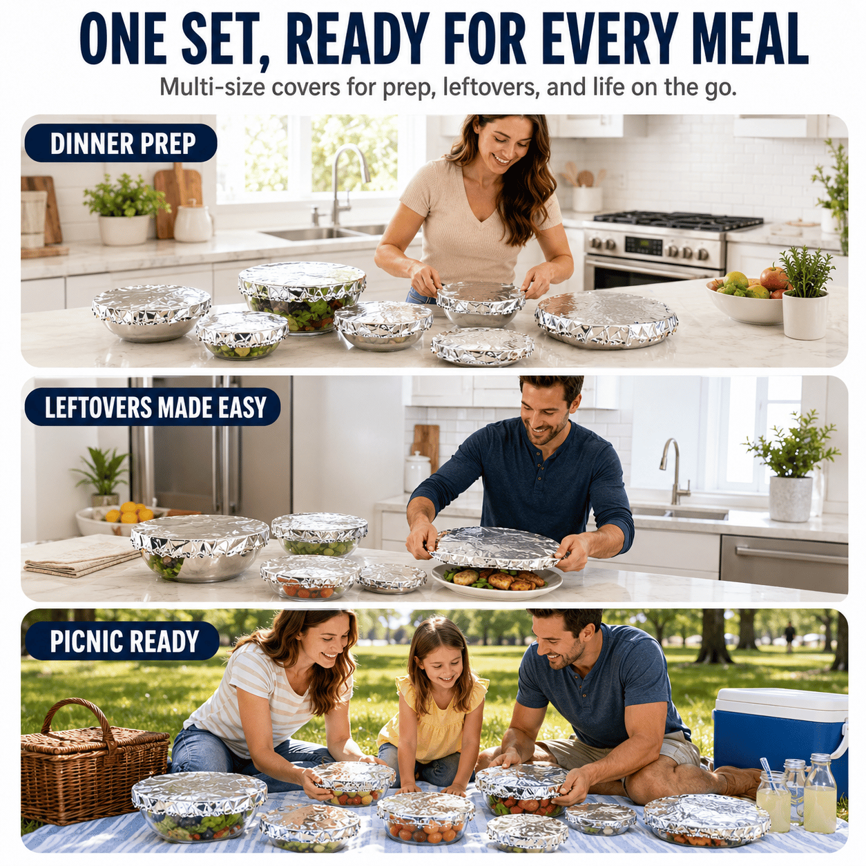 🍽️Universal Stretchable Aluminum Food Covers – Reusable Microwave-Safe Lids