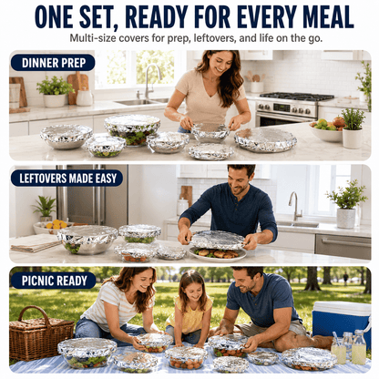 🍽️Universal Stretchable Aluminum Food Covers – Reusable Microwave-Safe Lids