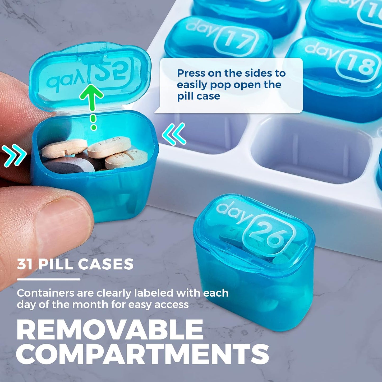 💊Monthly Pill Organizer with Lid - Arthritis-Friendly Easy-Open Lids 31 Removable Daily Pill Pods Date Reminder & Travel Case for Vitamins & Medications
