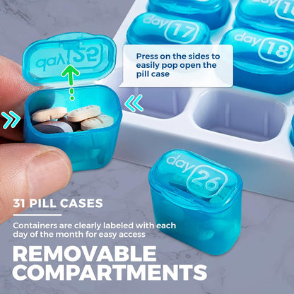 💊Monthly Pill Organizer with Lid - Arthritis-Friendly Easy-Open Lids 31 Removable Daily Pill Pods Date Reminder & Travel Case for Vitamins & Medications