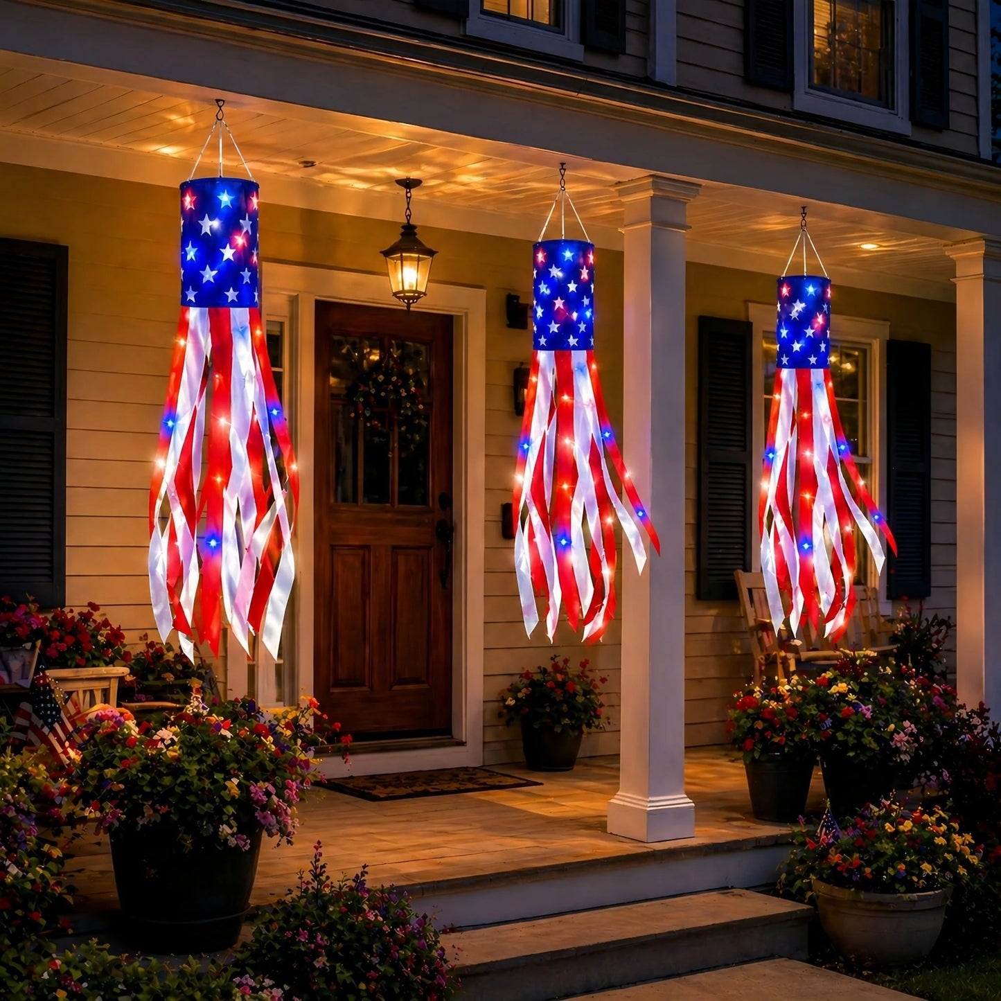 💈💈3 Pack Large American Flag Windsocks with Red White Blue Lights