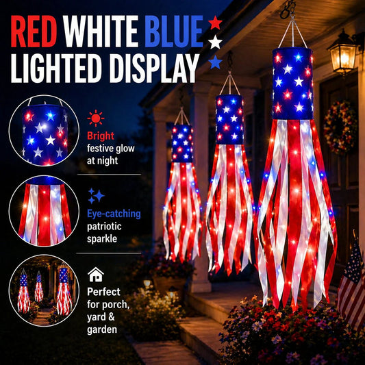 💈💈3 Pack Large American Flag Windsocks with Red White Blue Lights