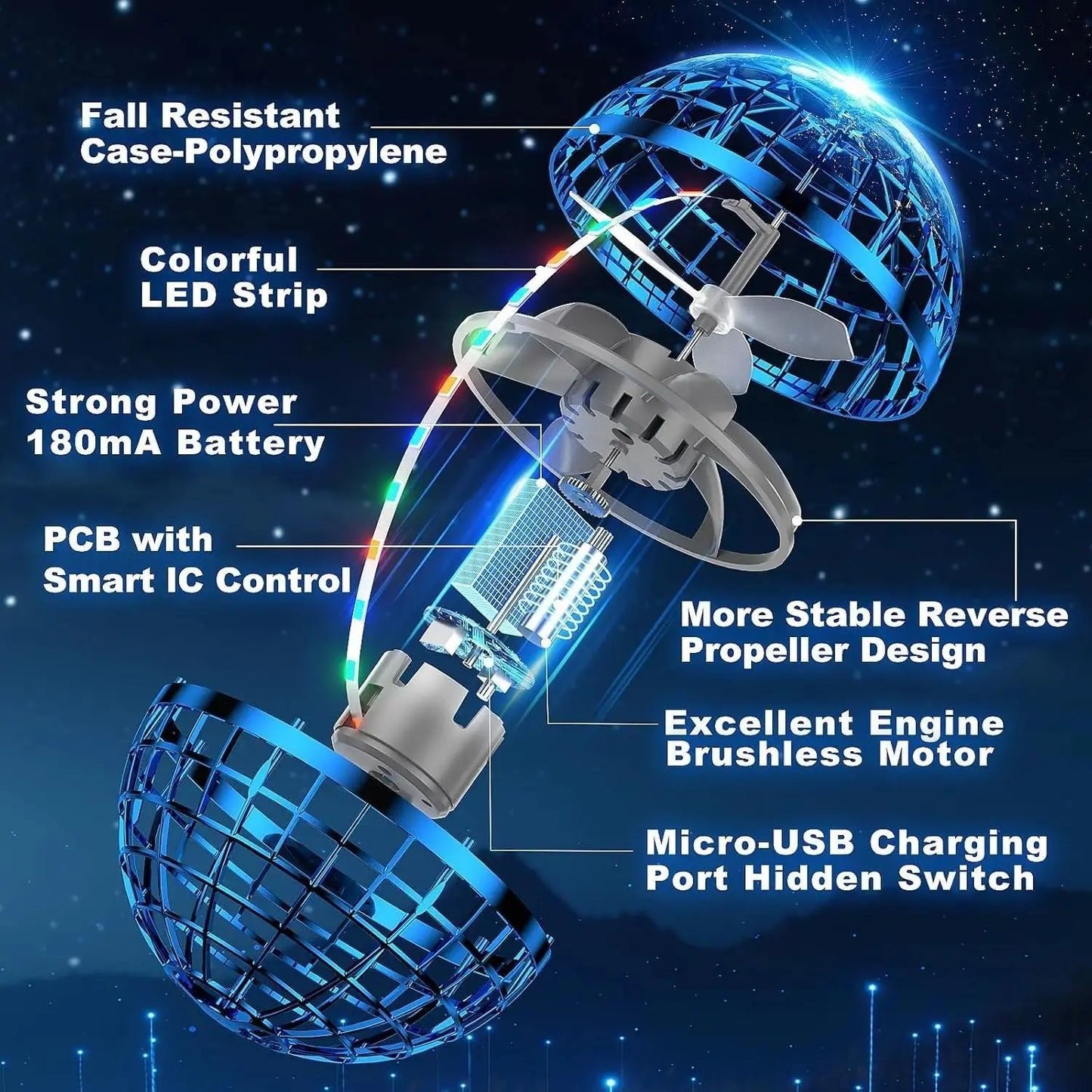 🌟🛸 Boomerang Flying Orb Toy, Hand-Controlled Hover Ball with LED Lights