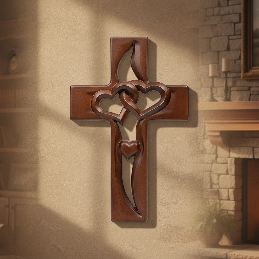 ✝️ Hand-Carved Wooden Heart Cross Wall Decor