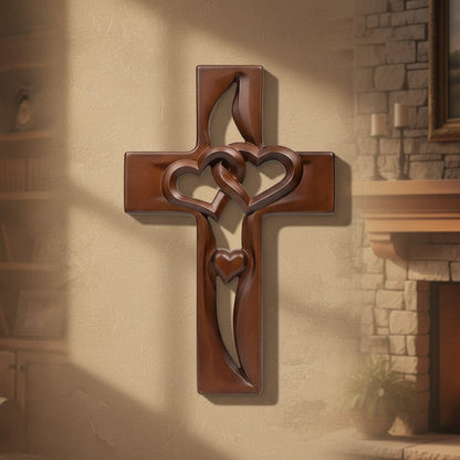 ✝️ Hand-Carved Wooden Heart Cross Wall Decor