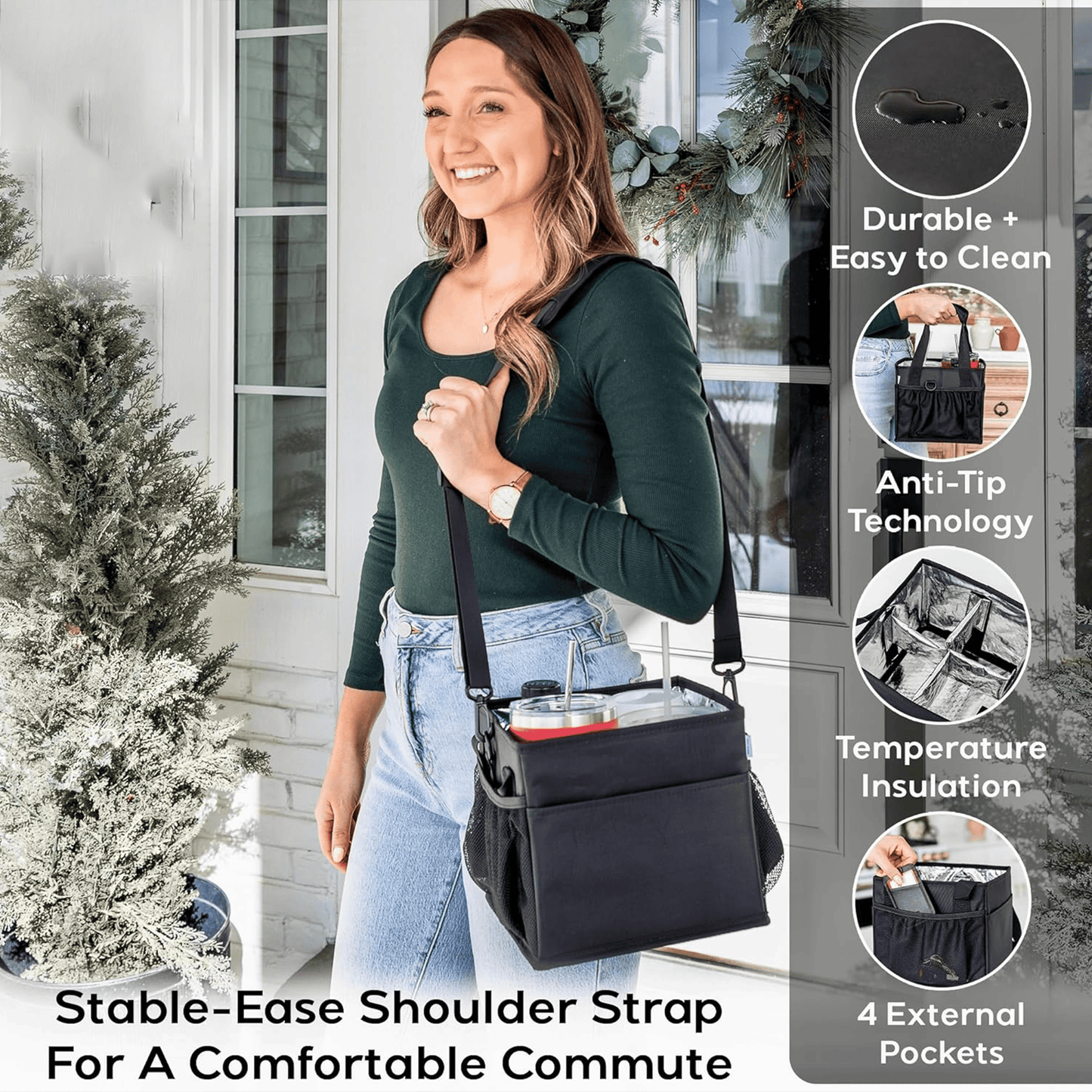 ☕Reusable Drink Carrier with Handle – Tip-Resistant 4 Cup Carrier with Shoulder Strap