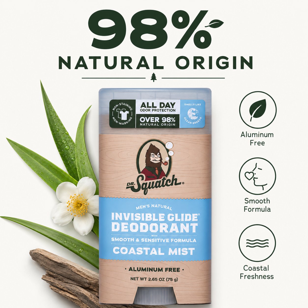 🔥LAST DAY 49% OFF - 🌊 Dr. Squatch Coastal Mist Deodorant 2-Pack | Aluminum-Free, No Stains + Free Hidden Flask! ✨