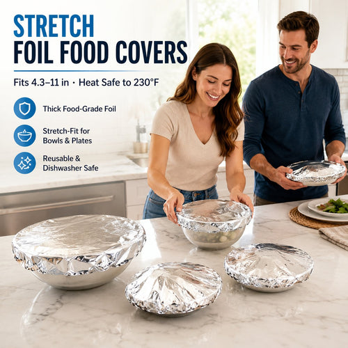 🍽️Universal Stretchable Aluminum Food Covers – Reusable Microwave-Safe Lids