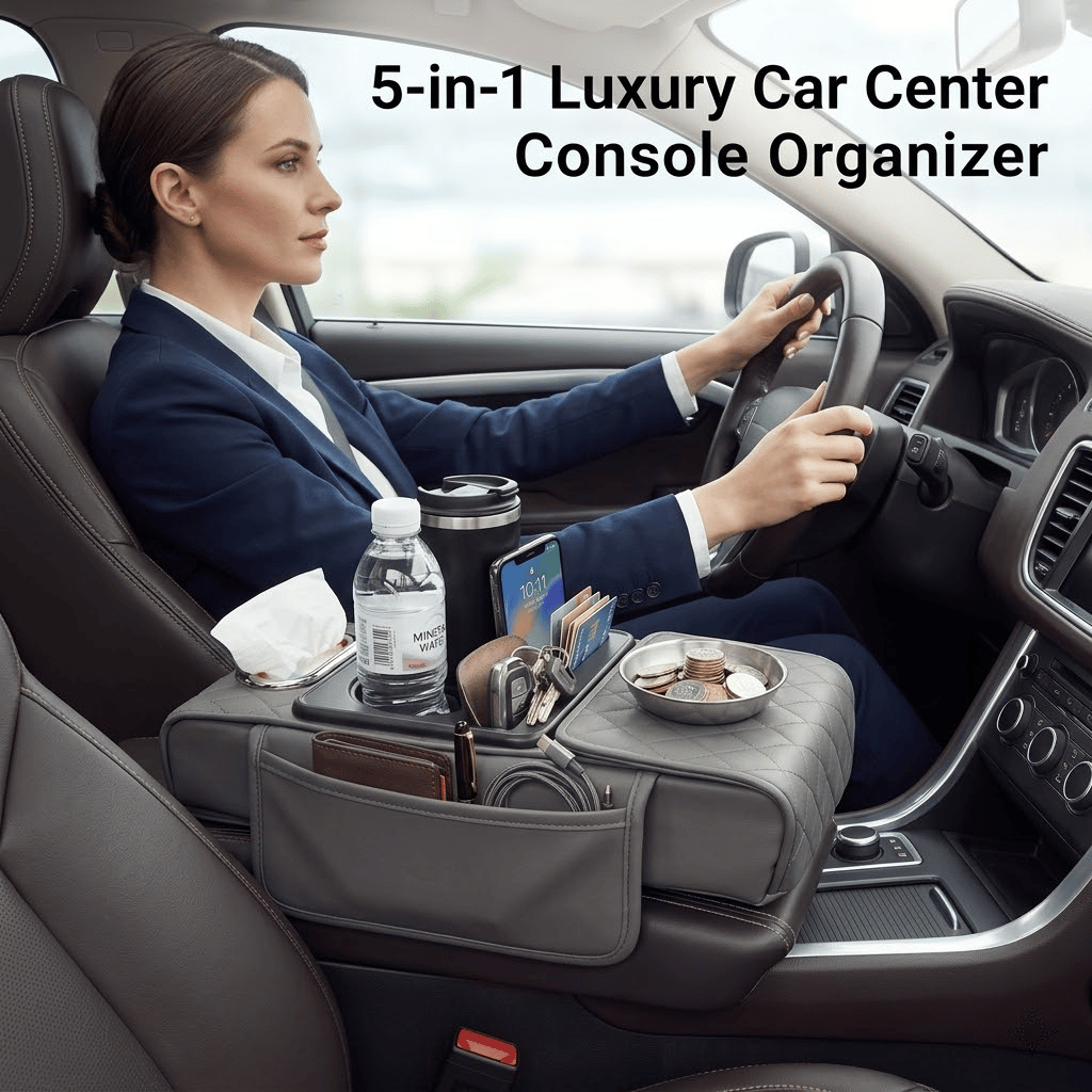 🚗 5-in-1 Luxury Car Center Console Organizer - Universal Fit Armrest Mat & Storage