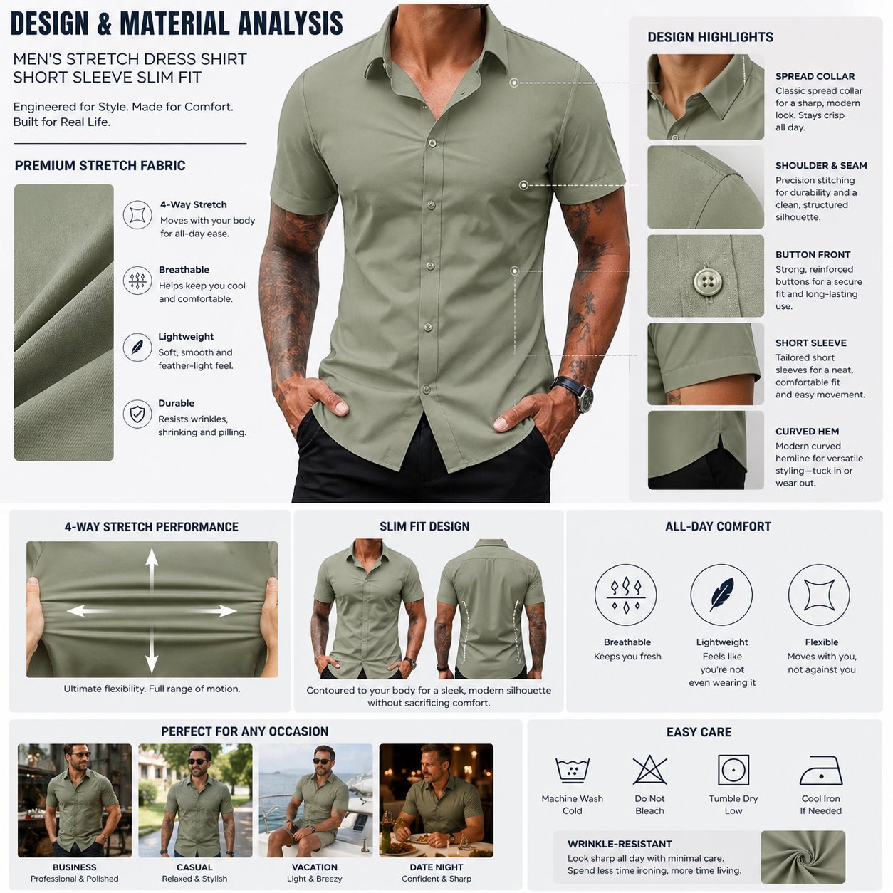 Men's Stretch Dress Shirts Short Sleeve Slim Fit Business Casual Button Down Shirts
