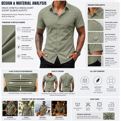 Men's Stretch Dress Shirts Short Sleeve Slim Fit Business Casual Button Down Shirts