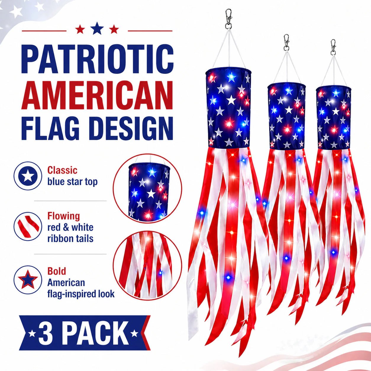 💈💈3 Pack Large American Flag Windsocks with Red White Blue Lights