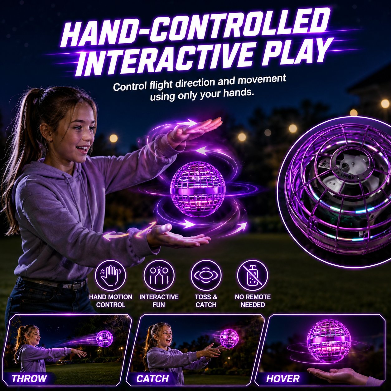 🌟🛸 Boomerang Flying Orb Toy, Hand-Controlled Hover Ball with LED Lights