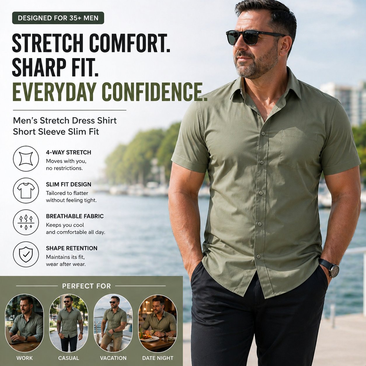 Men's Stretch Dress Shirts Short Sleeve Slim Fit Business Casual Button Down Shirts
