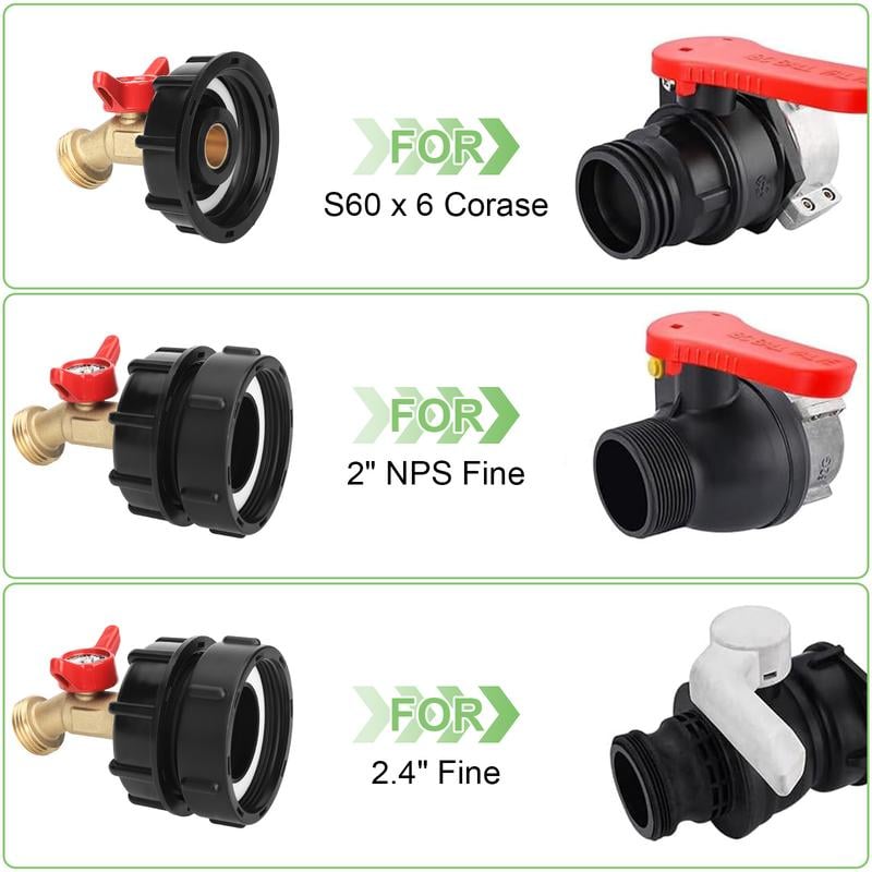 🔥LAST DAY 49% OFF - 🛠️💧275-330 Gallon IBC Tote Tank Adapter - 2.44" Fine Thread, 1/2" NPT × 3/4" GHT Male Fittings with Garden Hose Quick Connector