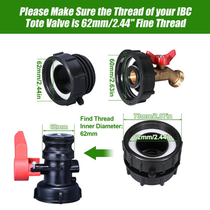 🔥LAST DAY 49% OFF - 🛠️💧275-330 Gallon IBC Tote Tank Adapter - 2.44" Fine Thread, 1/2" NPT × 3/4" GHT Male Fittings with Garden Hose Quick Connector