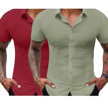 Men's Stretch Dress Shirts Short Sleeve Slim Fit Business Casual Button Down Shirts