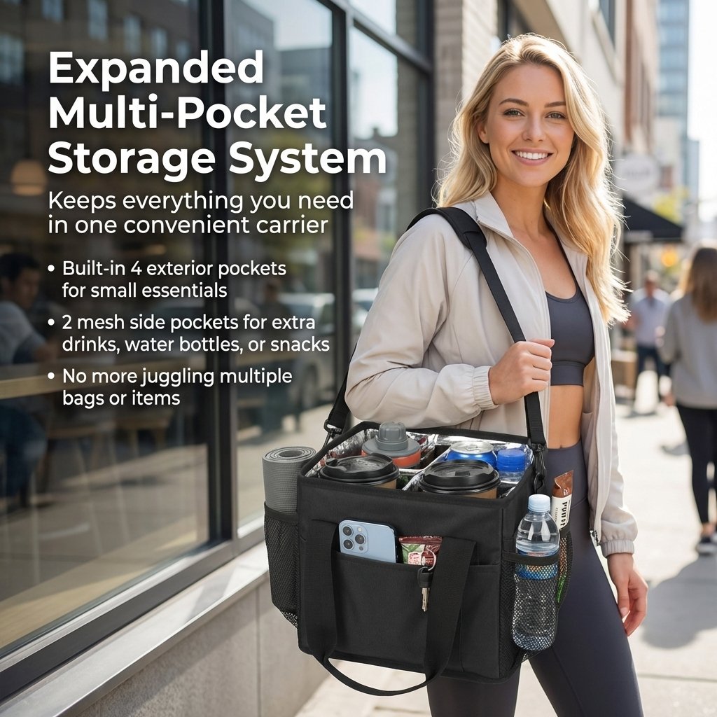 ☕Reusable Drink Carrier with Handle – Tip-Resistant 4 Cup Carrier with Shoulder Strap