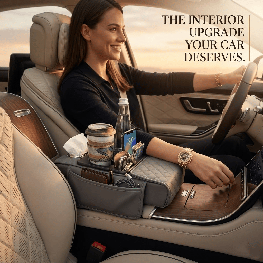 🚗 5-in-1 Luxury Car Center Console Organizer - Universal Fit Armrest Mat & Storage