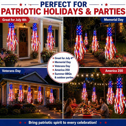 💈💈3 Pack Large American Flag Windsocks with Red White Blue Lights