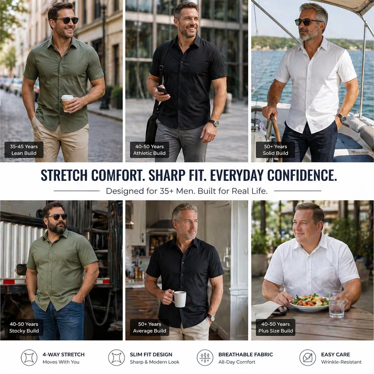 Men's Stretch Dress Shirts Short Sleeve Slim Fit Business Casual Button Down Shirts
