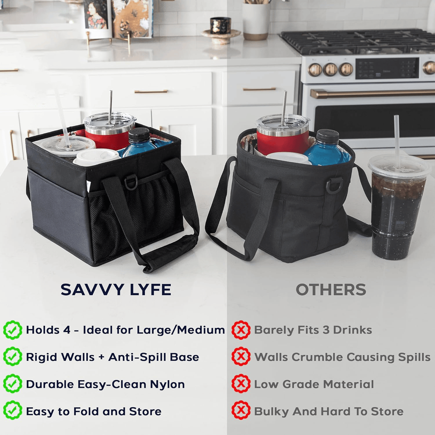 ☕Reusable Drink Carrier with Handle – Tip-Resistant 4 Cup Carrier with Shoulder Strap