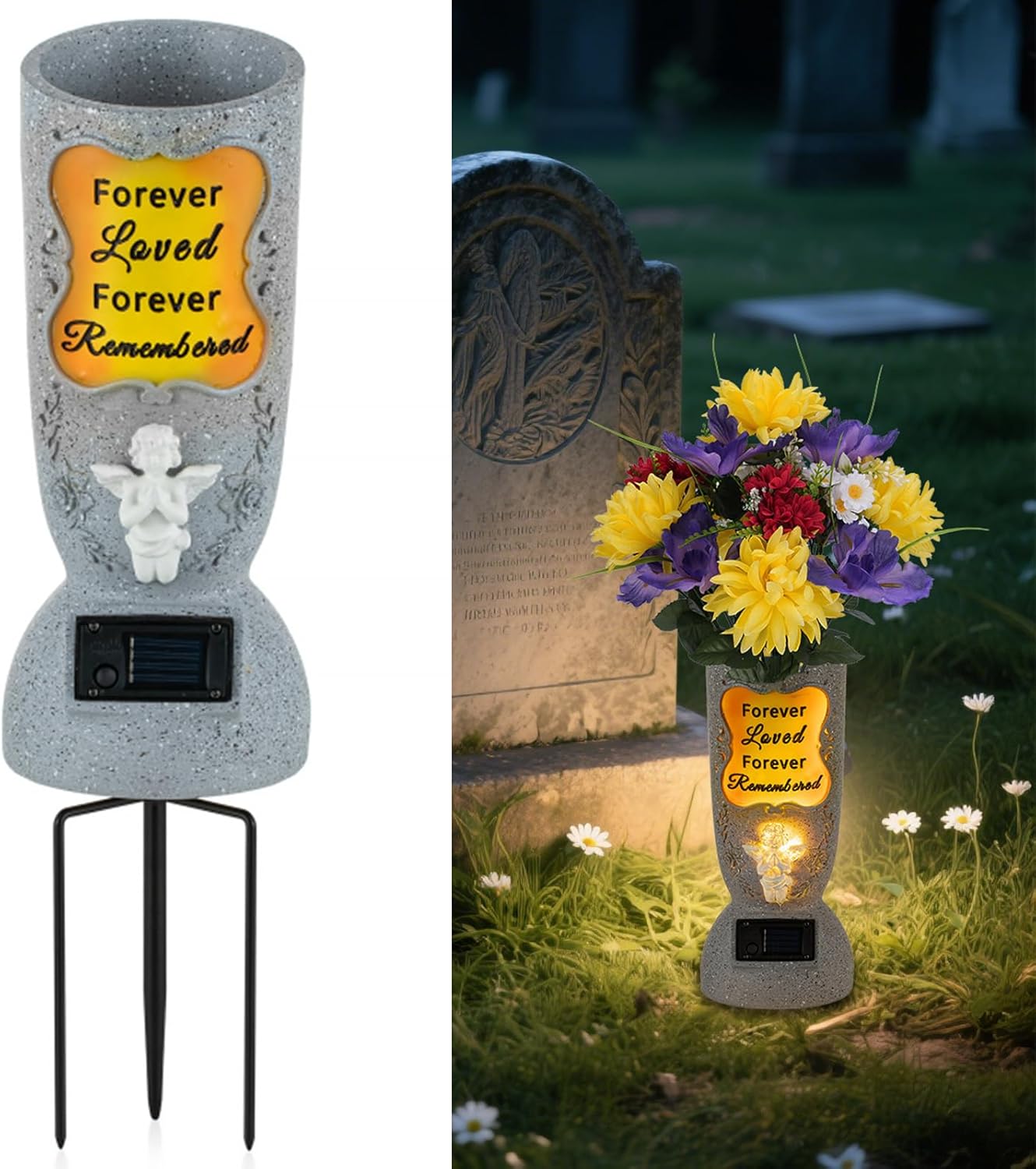 😇 Solar Angel Cemetery Vase – LED Memorial Light with Ground Spike – Waterproof Gravesite Decor for Eternal Love ✨