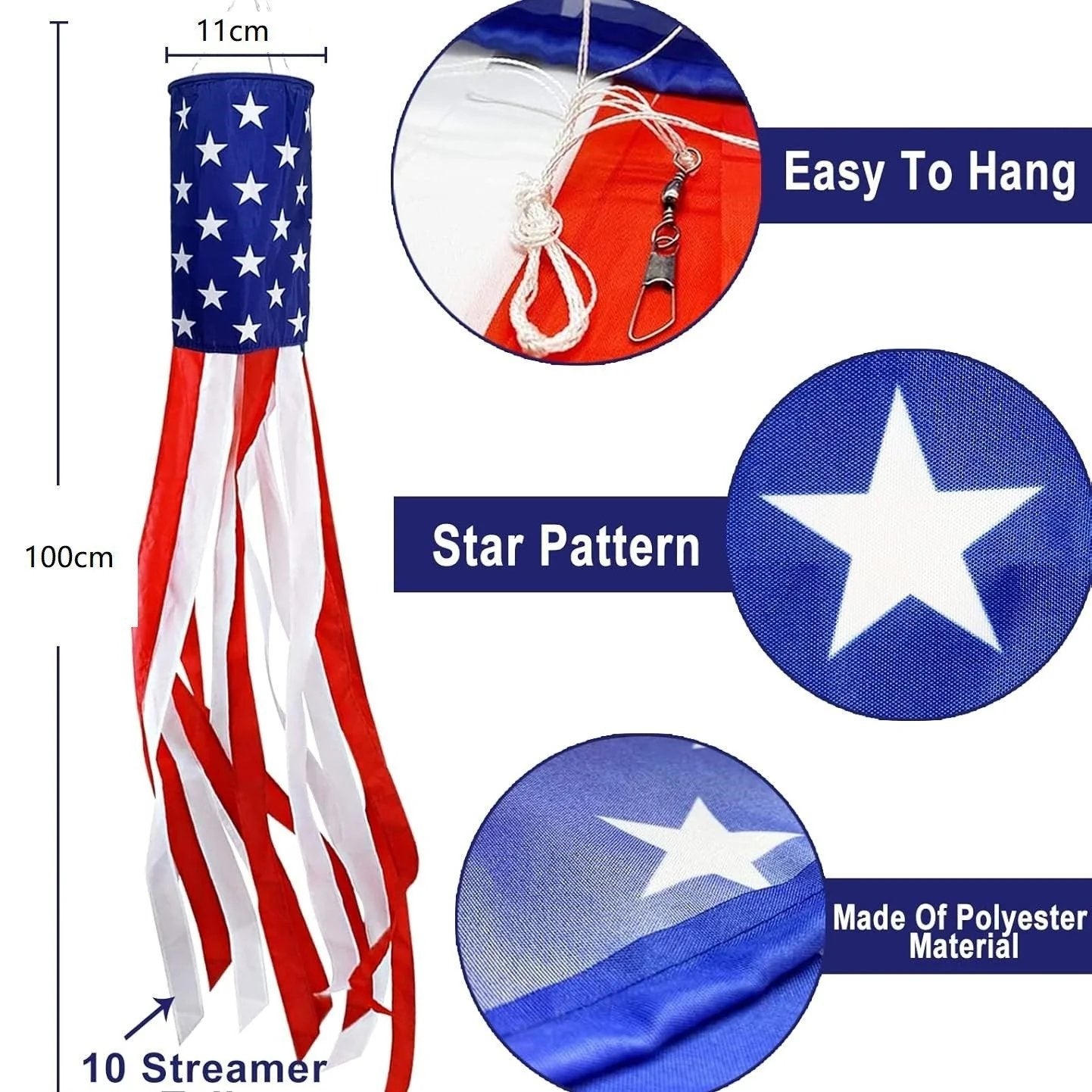 💈💈3 Pack Large American Flag Windsocks with Red White Blue Lights