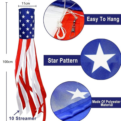 💈💈3 Pack Large American Flag Windsocks with Red White Blue Lights